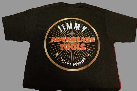 Black t-shirt with 'Jimmy Advantage Tools' logo on a gray background