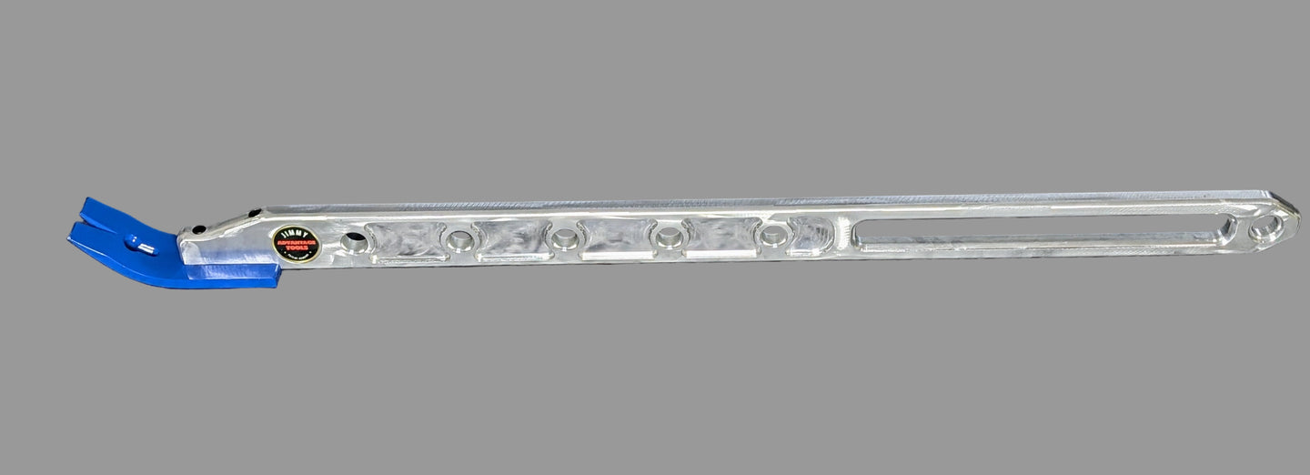 Clear plastic tool with blue end on a gray background