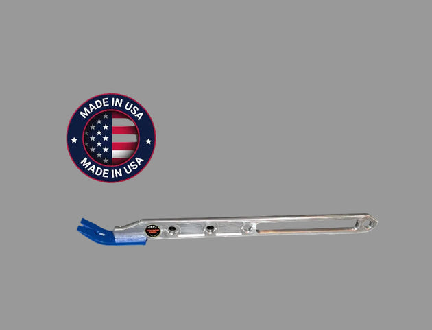Metal tool with 'Made in USA' badge on a gray background