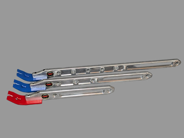 Three metal brackets with red, blue, and silver ends on a gray background