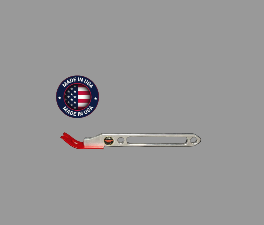 Metal tool with red handle and 'Made in USA' badge on gray background